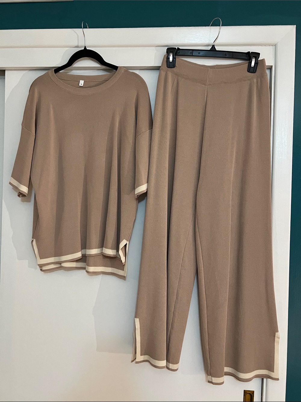Relaxed Knit Two-Piece Pants Set in Taupe with Cream Trim wide Leg from Amazon